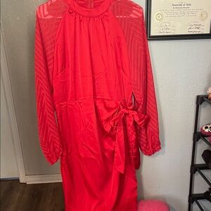 Vibrant Red Long-Sleeve Dress with Tie Waist